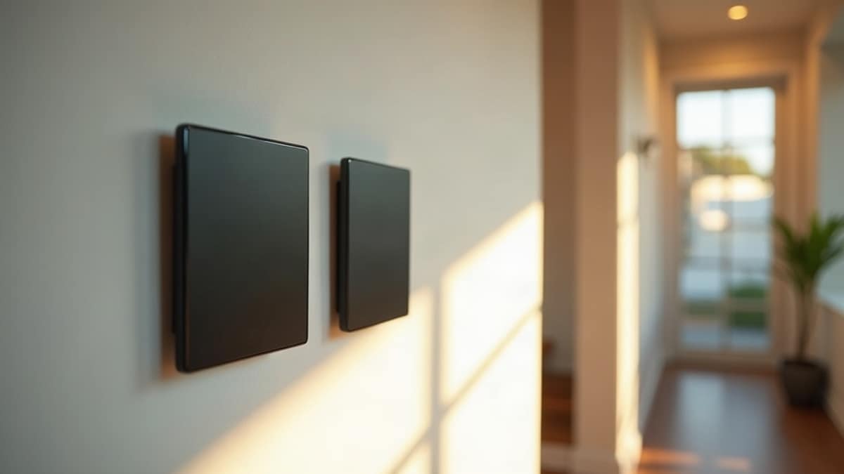 Split-screen style comparison of a DIY smart home hub setup and a professionally installed smart home touchscreen panel in a modern living room