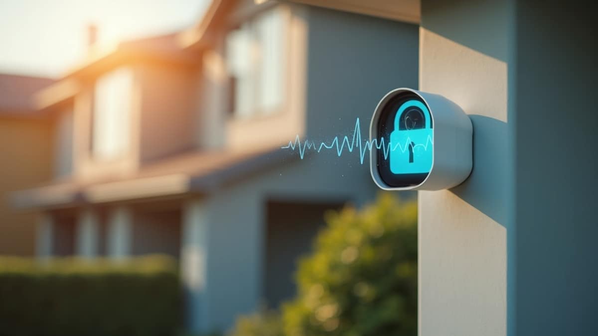 Wireless security camera mounted on a home exterior with a smartphone displaying a secure app connection