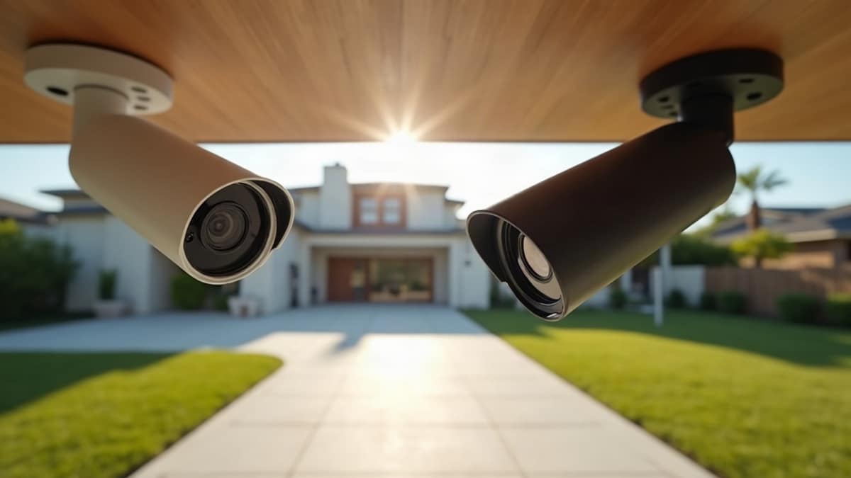 Outdoor security camera mounted under a home eave monitoring a front yard at dusk