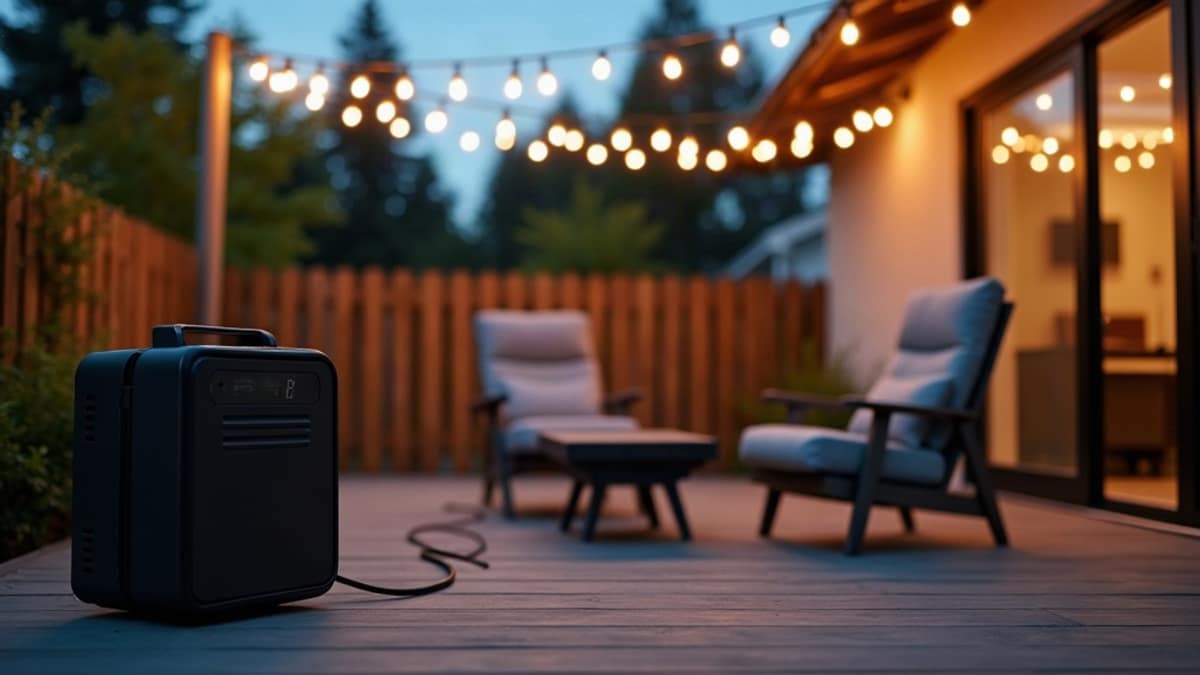 A portable power station sitting on a table near a smart home security panel and window, illustrating backup power for a connected home.