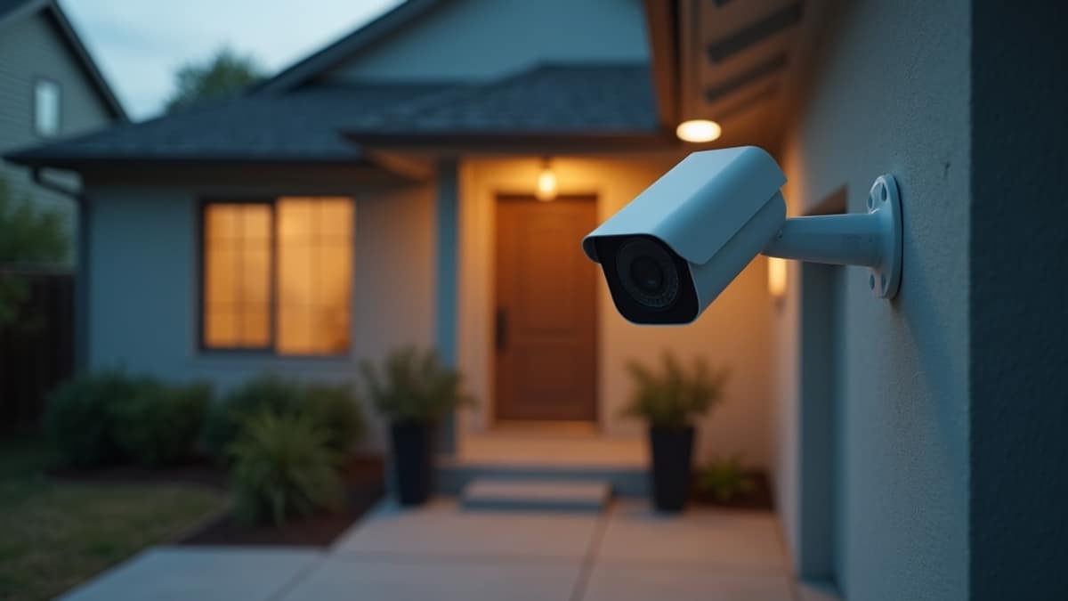 Outdoor security camera mounted on a house exterior monitoring the driveway at dusk