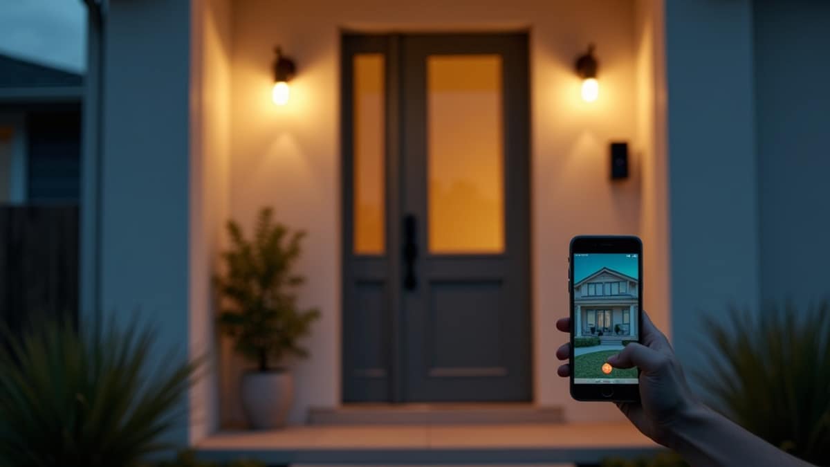 Smart home security devices including a video doorbell, camera, and smart lock displayed around a modern front door