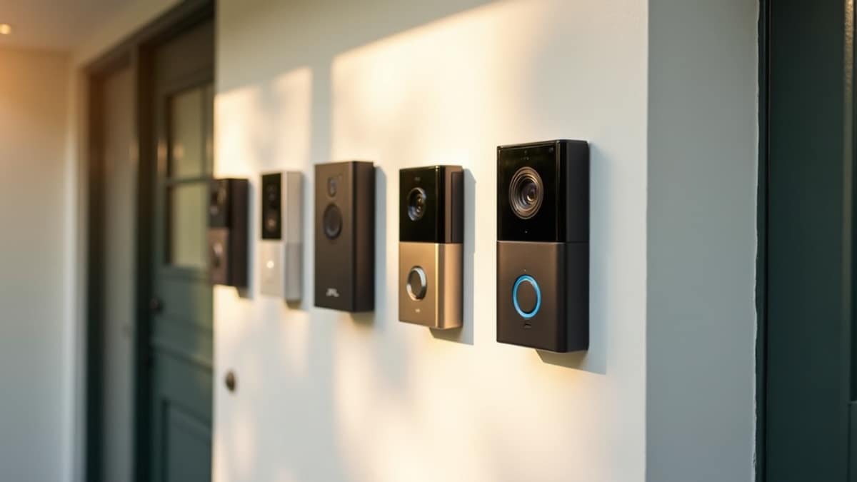 A modern video doorbell mounted beside a front door, showing a live view of a porch on a connected smartphone app