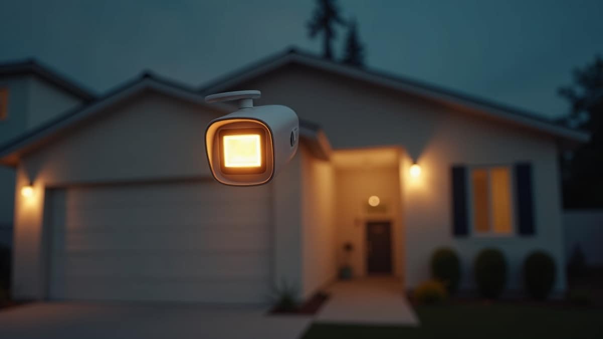 A modern outdoor floodlight security camera mounted above a home's front entrance at dusk