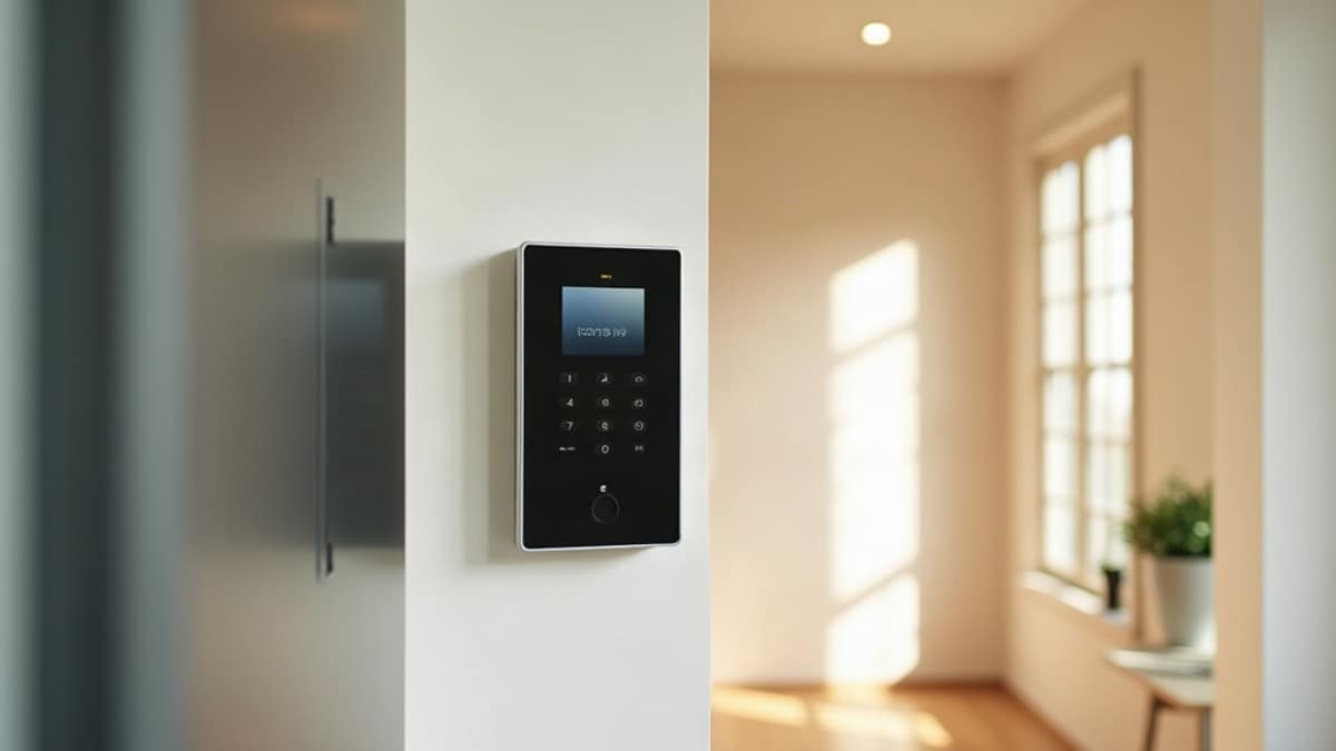 Split image comparing a Brinks Home security panel and a Vivint smart home touchscreen in a modern living room