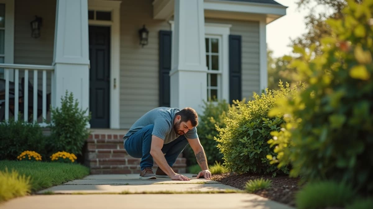 Homeowner inspecting shrubs near a front porch for a hidden surveillance camera