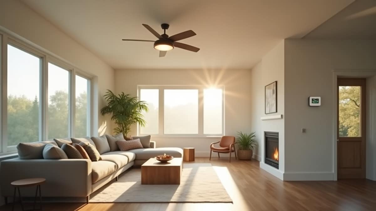 A modern living room ceiling fan spinning above a bright, comfortable home interior