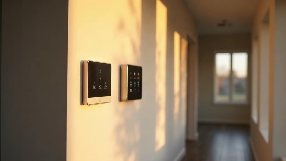 Split comparison graphic showing a DIY security sensor on one side and a professionally installed smart home panel on the other