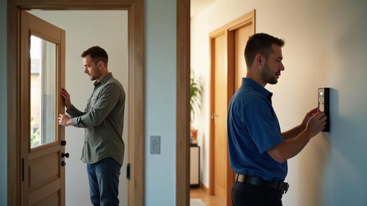 Split image showing a person installing a DIY security sensor next to a professional technician setting up a home security system