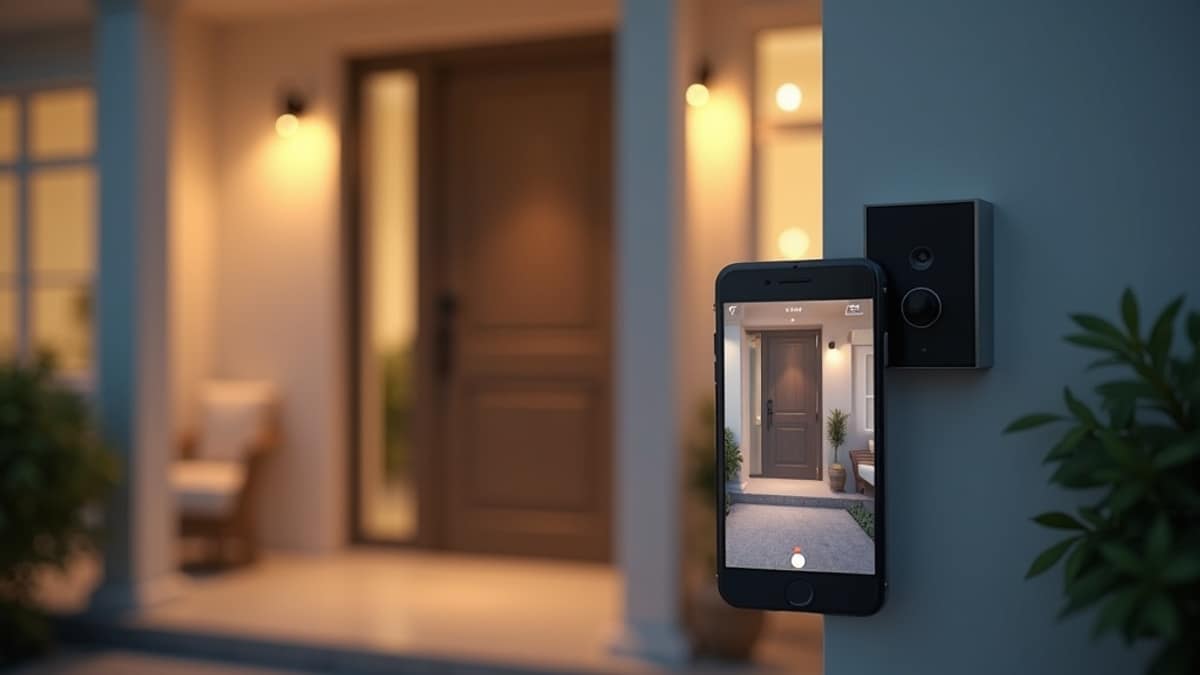 A modern video doorbell camera mounted beside a front door, with a smartphone showing a live doorbell alert