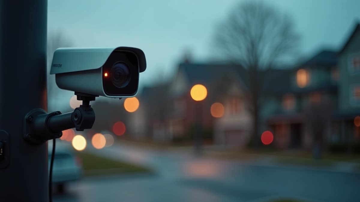 AI license plate reader camera mounted on a pole overlooking a city street