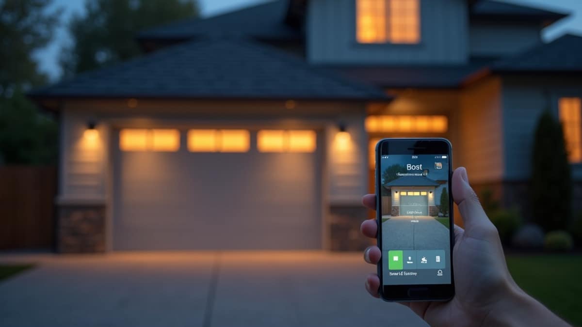 Smart garage door with connected sensor and app control shown on a smartphone, illustrating garage door security