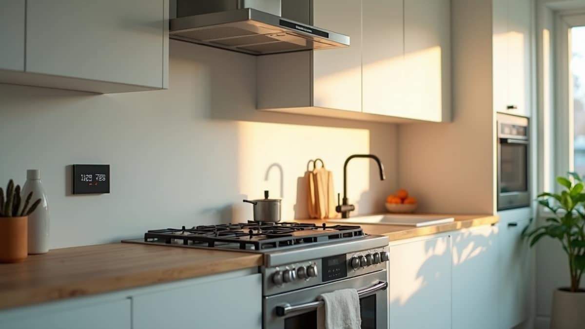 A modern kitchen with an electric stove and smart home display on the wall