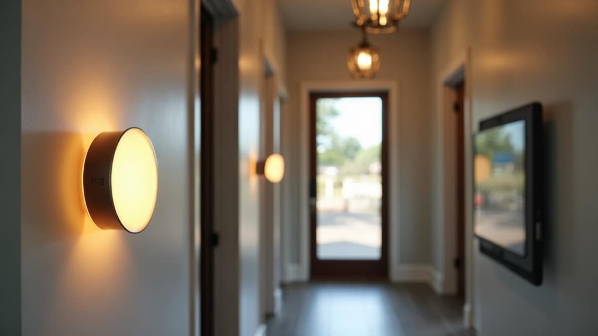 Split-screen style image showing a smart home app interface controlling cameras, thermostat, and door lock icons over a modern house exterior