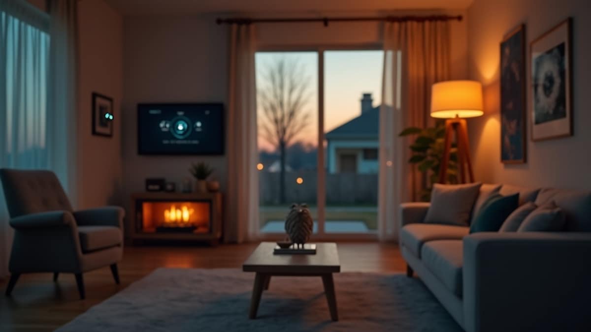 Homeowner using a smartphone app to control smart home devices including lights, thermostat, and security camera