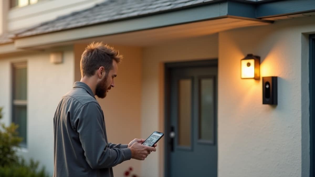 Homeowner checking a smart security camera app on a phone in front of their house