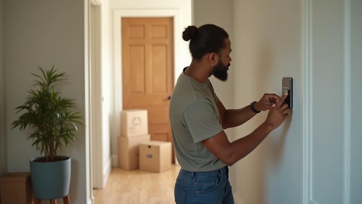 A young couple setting up a smart security panel and camera in their new home