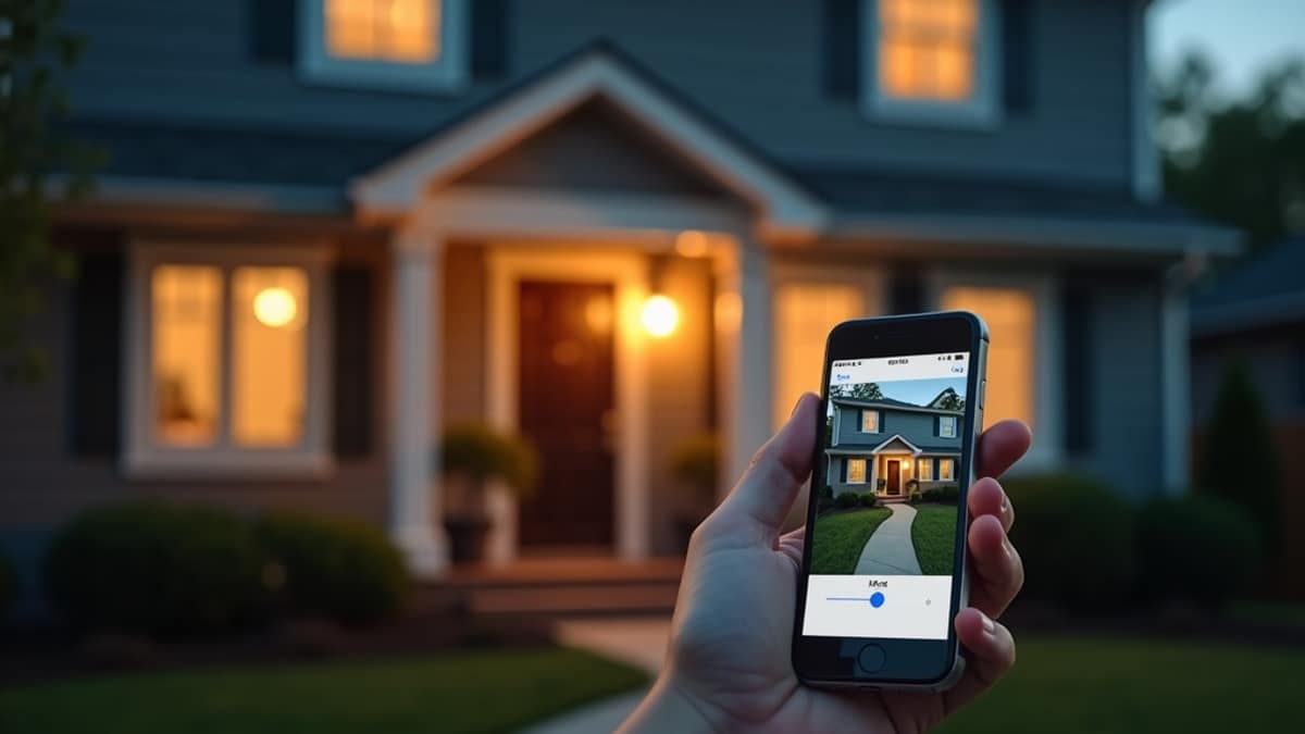 A modern house exterior at dusk with a lit porch light and a visible security camera near the front door, suggesting a protected home while owners are away on vacation