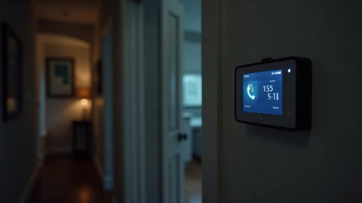 A home security panel with a cellular backup indicator glowing during a storm outside a window