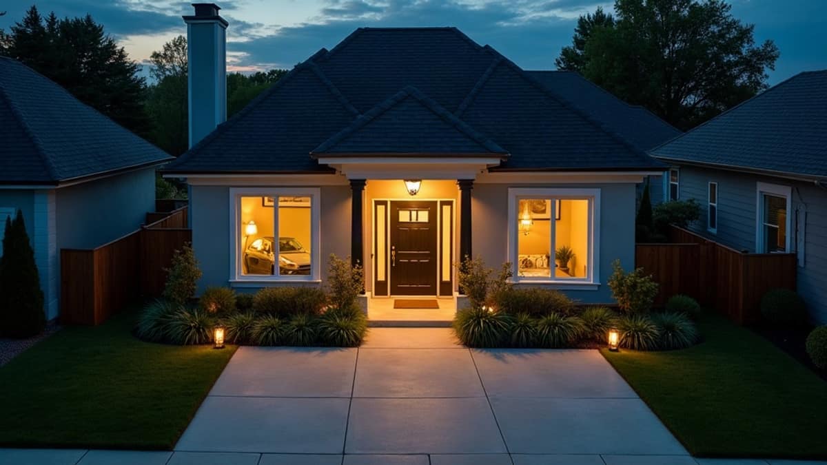 Exterior of a home showing multiple security camera placements covering the front door, driveway, and yard