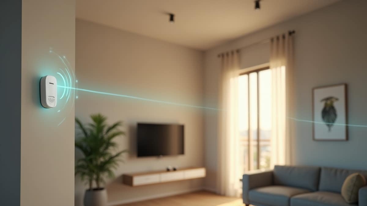 Illustration of a home security motion sensor detecting movement in a living room