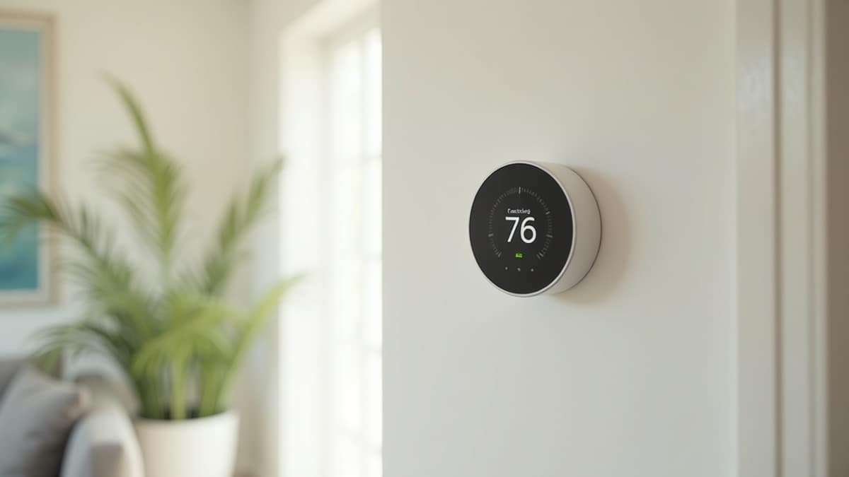 Smart thermostat mounted on a wall displaying a temperature setting in a modern home
