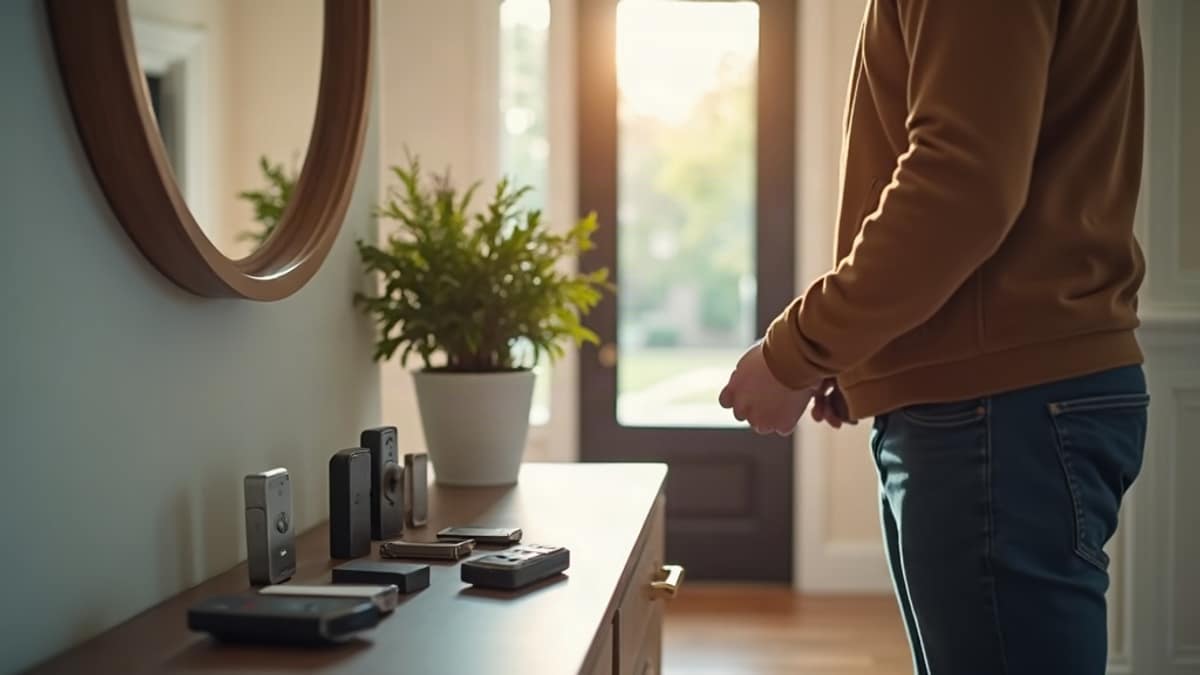 A homeowner unlocking a smart lock on a front door using a smartphone app