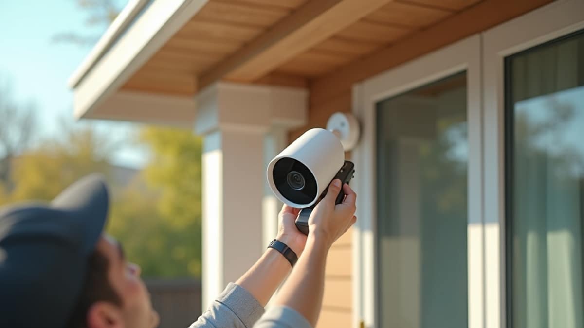 Technician mounting an outdoor security camera under a home's eave
