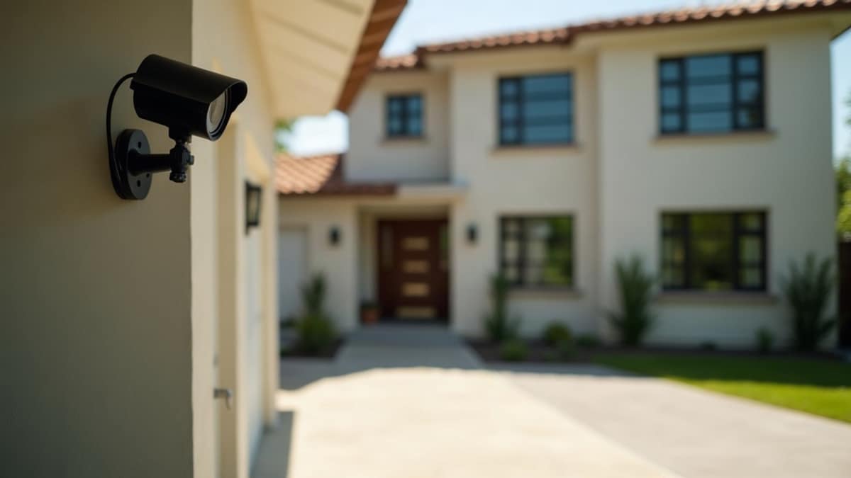 Outdoor security camera mounted under a home's eave overlooking the front driveway and yard
