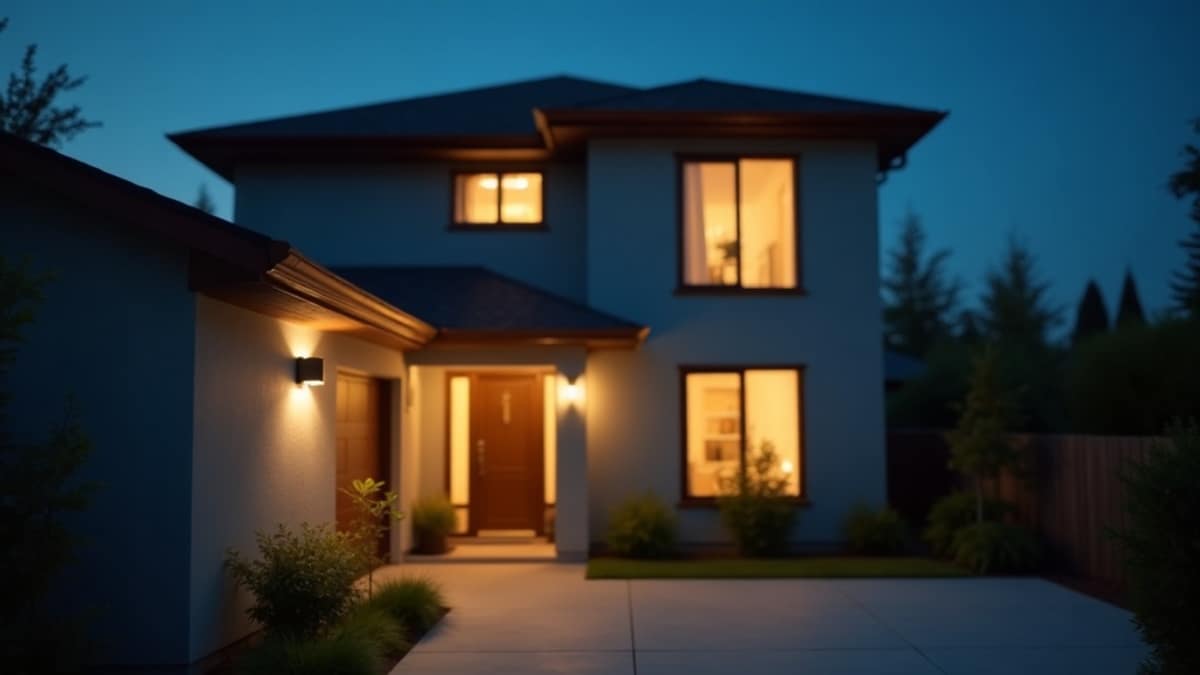 Illustration of a house at night with motion-activated lighting and a visible security camera near the front door