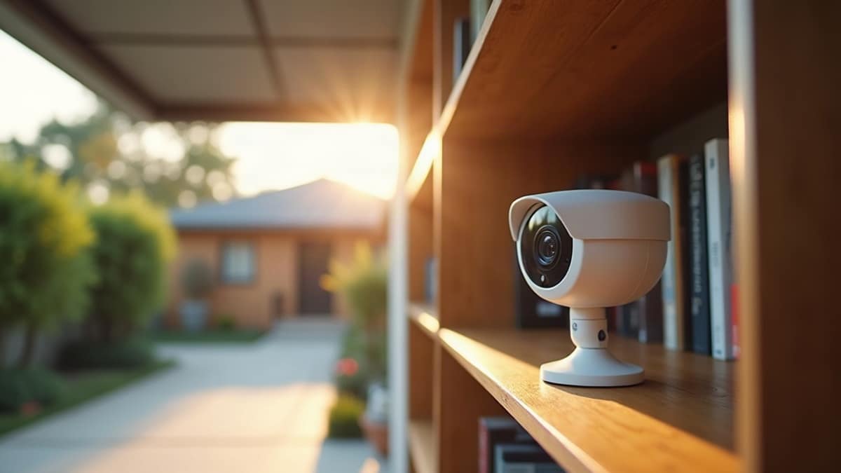 Split image showing a weatherproof outdoor security camera mounted under a roofline and an indoor camera on a living room shelf