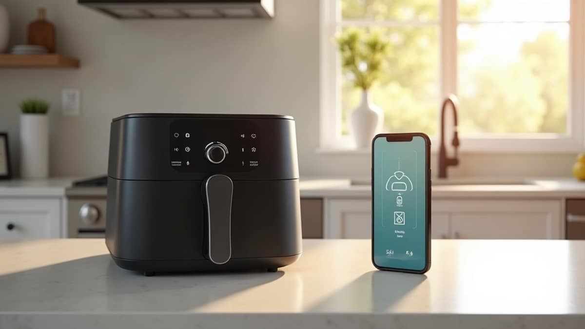 A modern kitchen counter with a sleek combo appliance next to a smartphone showing a smart home app interface