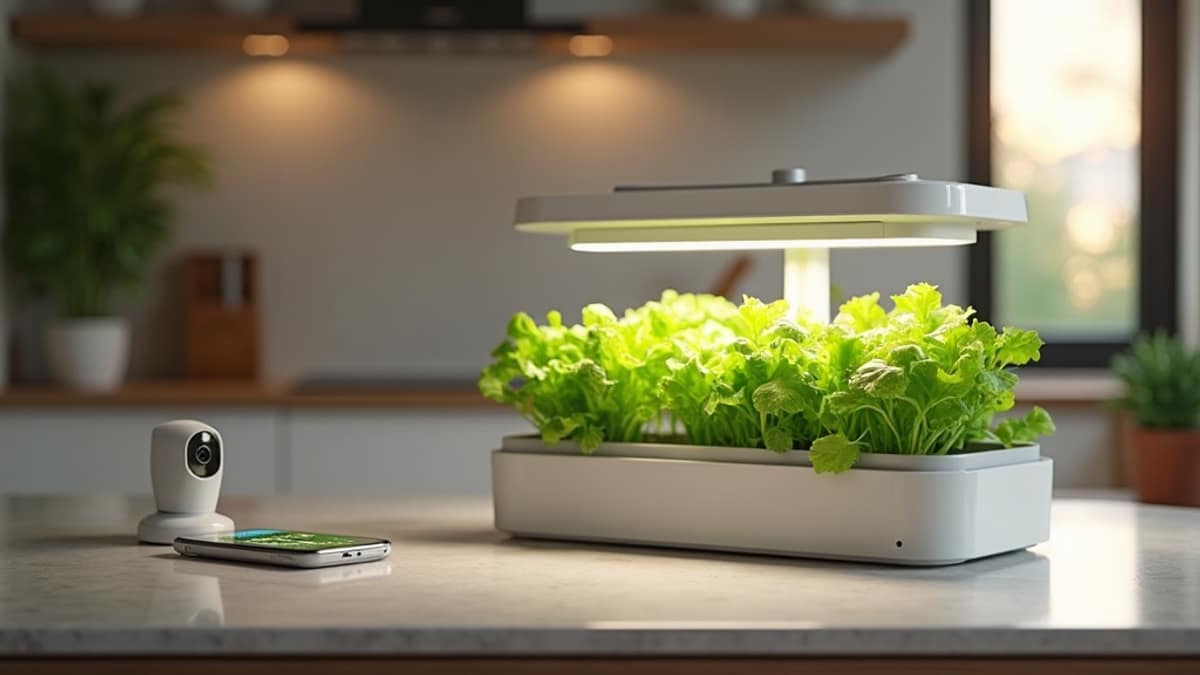 A countertop indoor smart garden growing fresh lettuce next to a smart home security camera on a kitchen counter