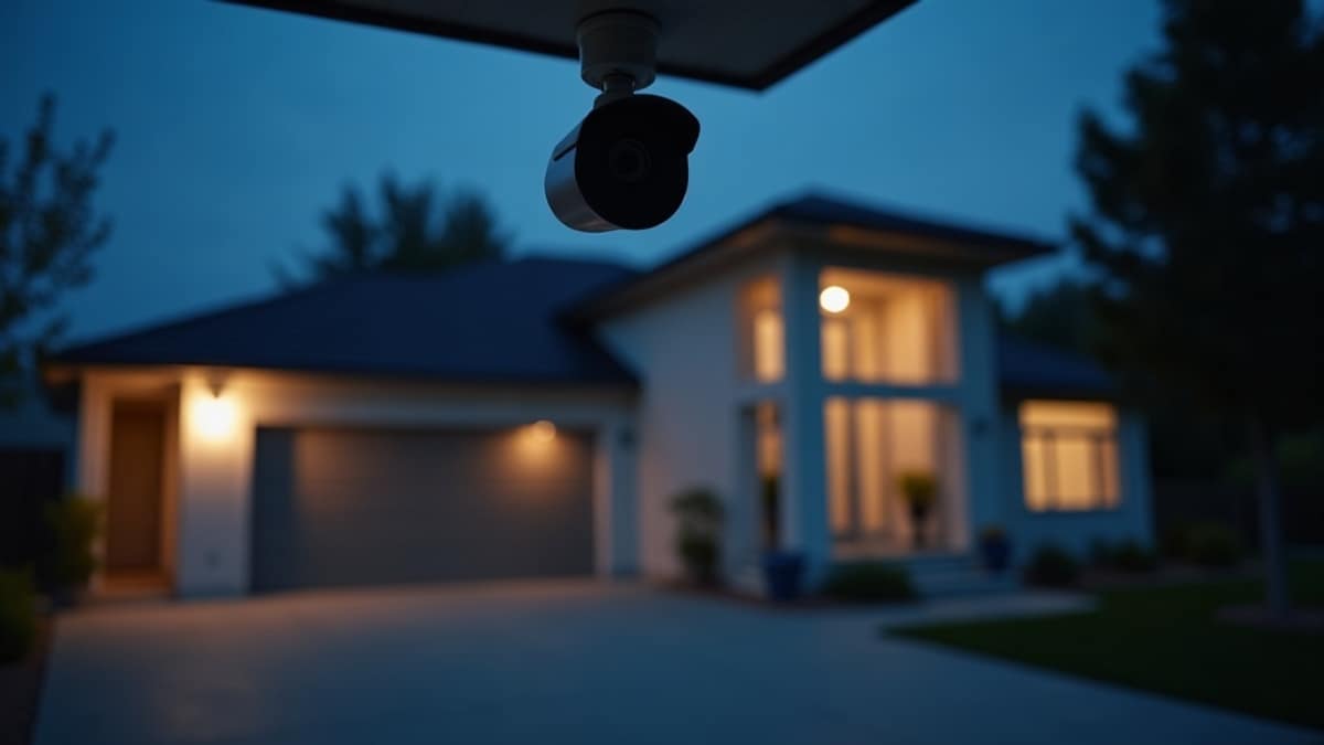 Outdoor security camera capturing clear night vision footage of a home's front porch after dark