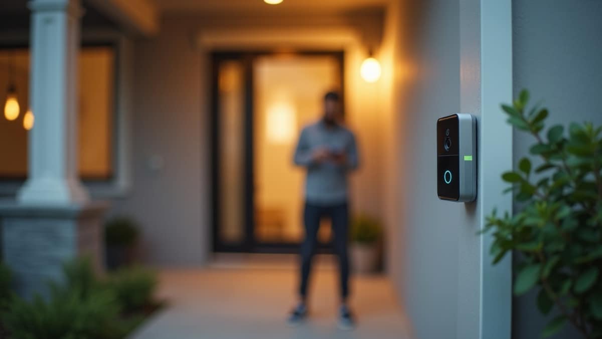 A homeowner checks a security camera app on a smartphone while a doorbell camera is visible on the front porch