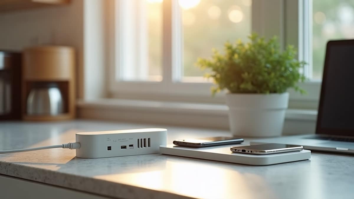 A tidy home office desk with a multi-port charging power strip organizing cables for a router, laptop, and smart home devices.