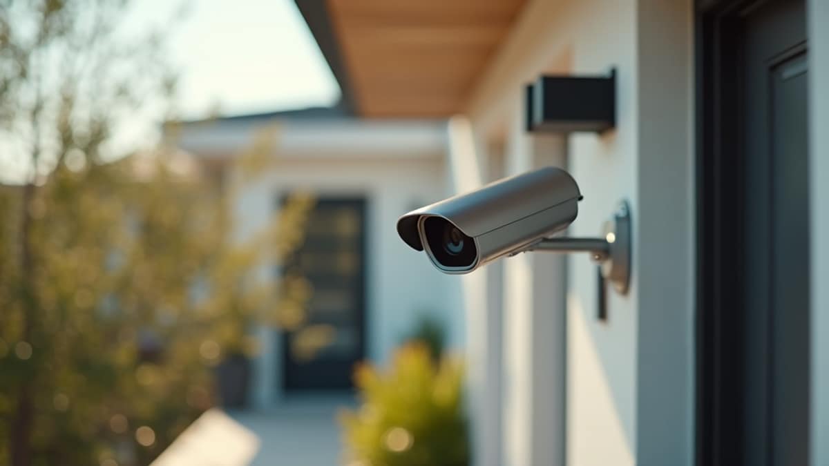 A modern outdoor security camera mounted near a front door, illustrating smart home camera technology