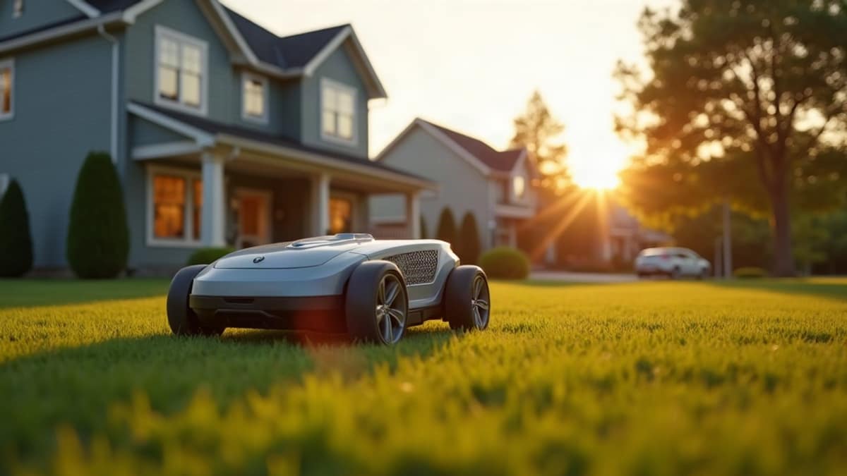 A robotic lawn mower working in a backyard near a smart home security camera mounted on the house