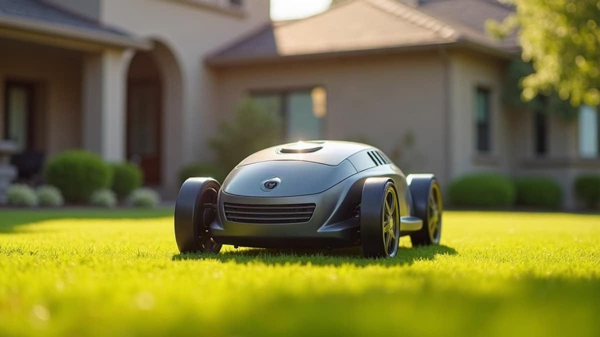 A robot lawn mower operating on a green lawn in front of a smart home with a visible security camera nearby