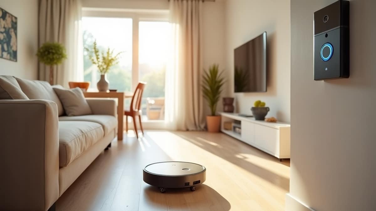 A modern living room with a robot vacuum on the floor and a smart home security panel on the wall, representing connected home automation.