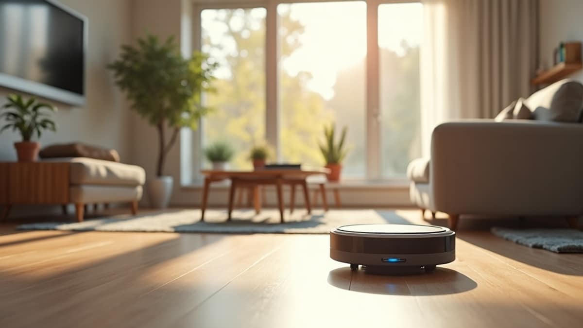 A modern living room with a robot vacuum on the floor and a smart home security panel on the wall in the background