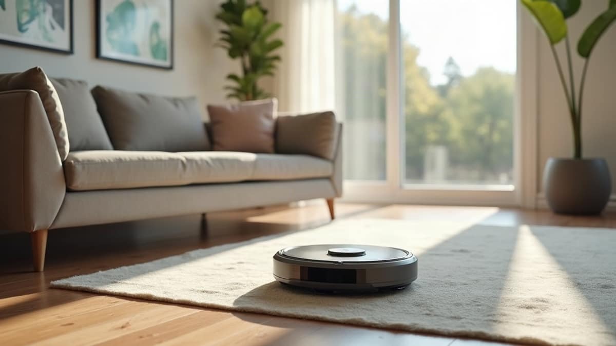 A robot vacuum docked in a modern living room with a smart home security camera visible on the wall in the background