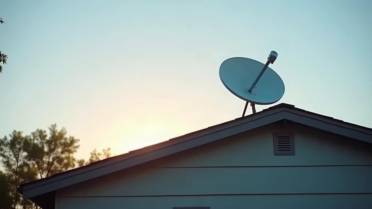 A rural home at dusk with a satellite dish visible on the roof and a smart doorbell camera glowing near the front door