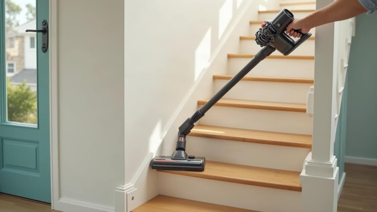 Modern home interior showing a smart security camera and a sleek cleaning tool, representing adaptable smart home technology