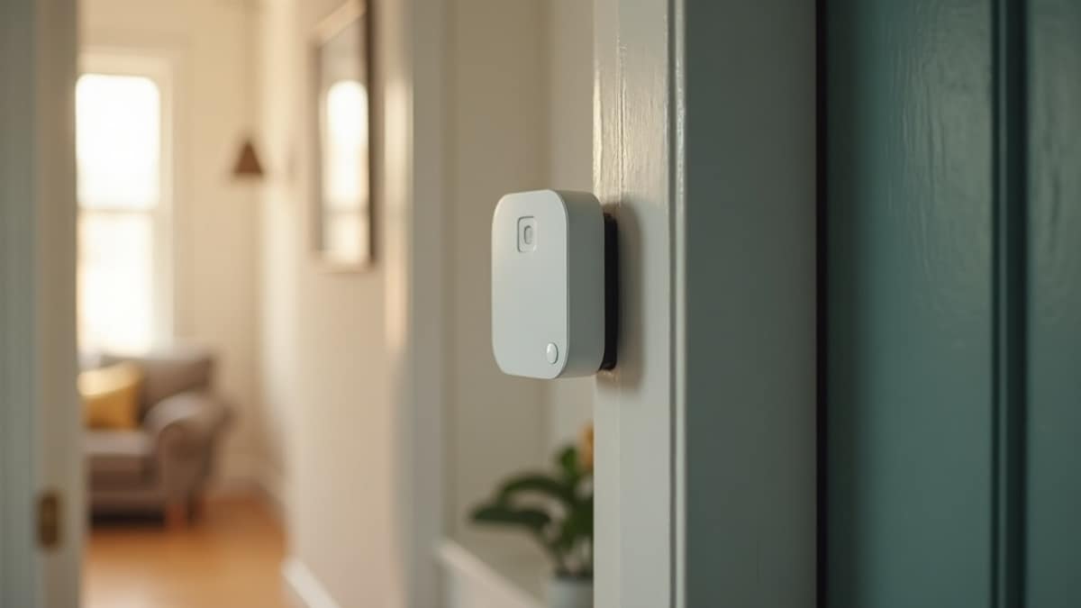 A renter installing a small wireless security sensor on an apartment window frame