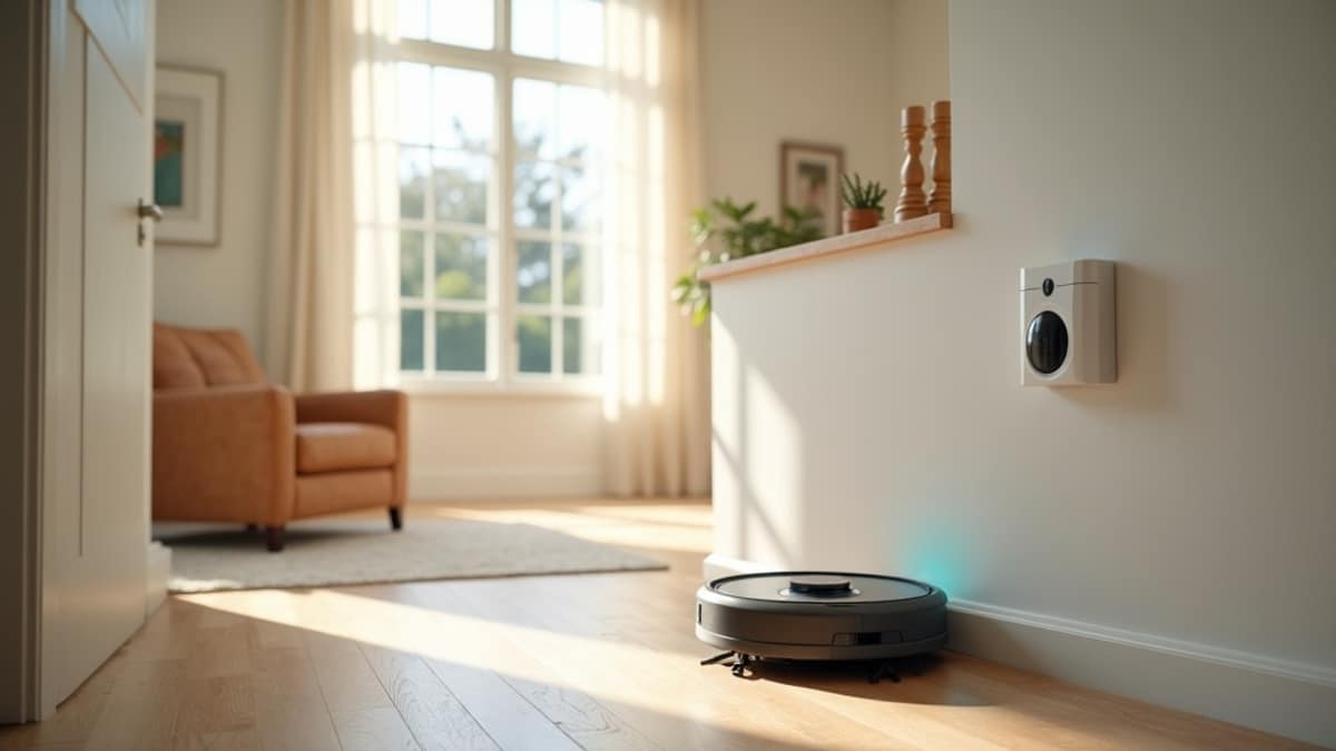 A modern living room with a robot vacuum cleaning the floor near a smart home security panel on the wall