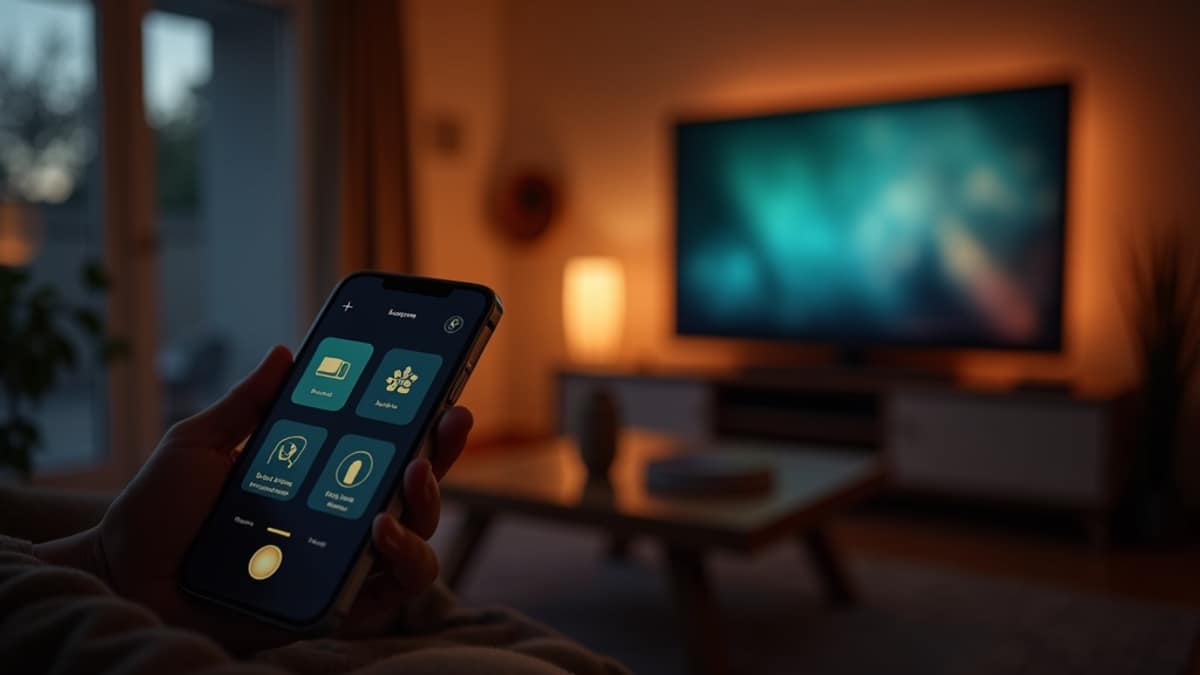 Living room with ambient TV backlighting and smart home devices connected through a single app