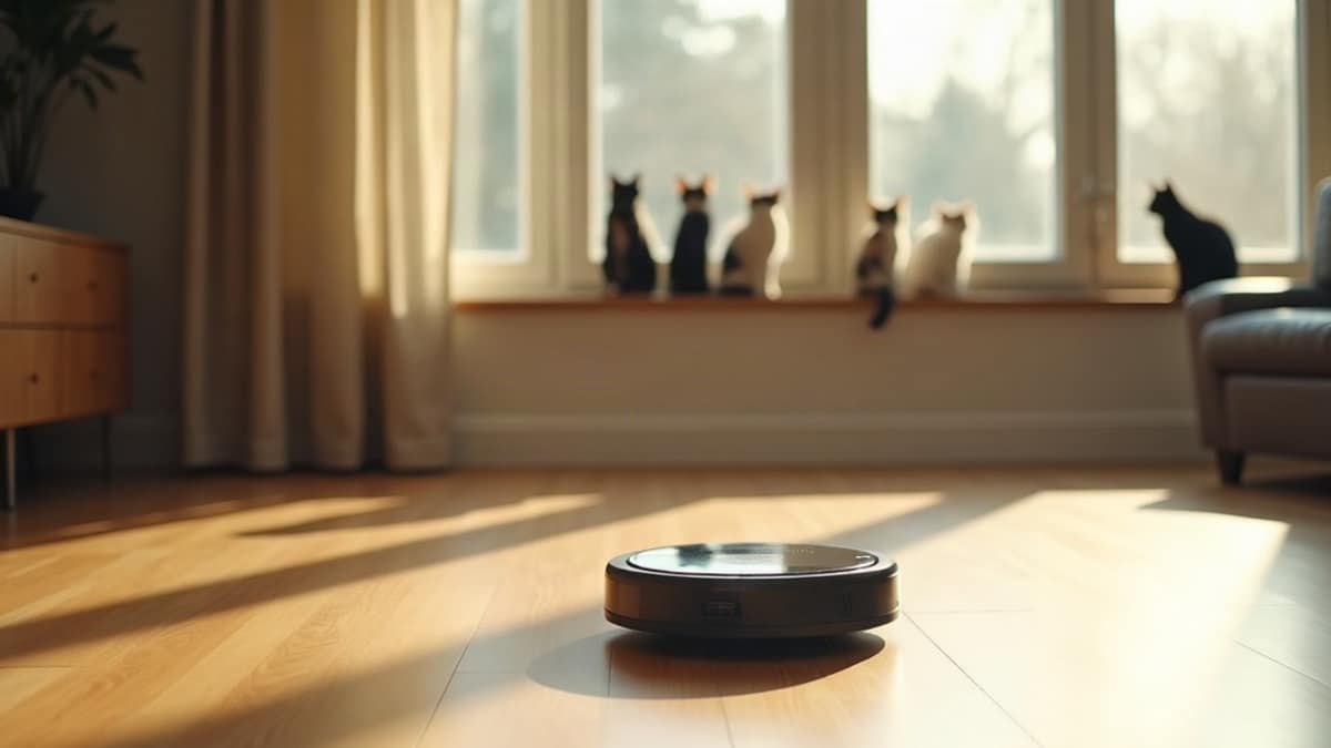 A robot vacuum cleaning a modern living room floor near a cat resting on a rug, representing allergy-friendly smart home cleaning technology.