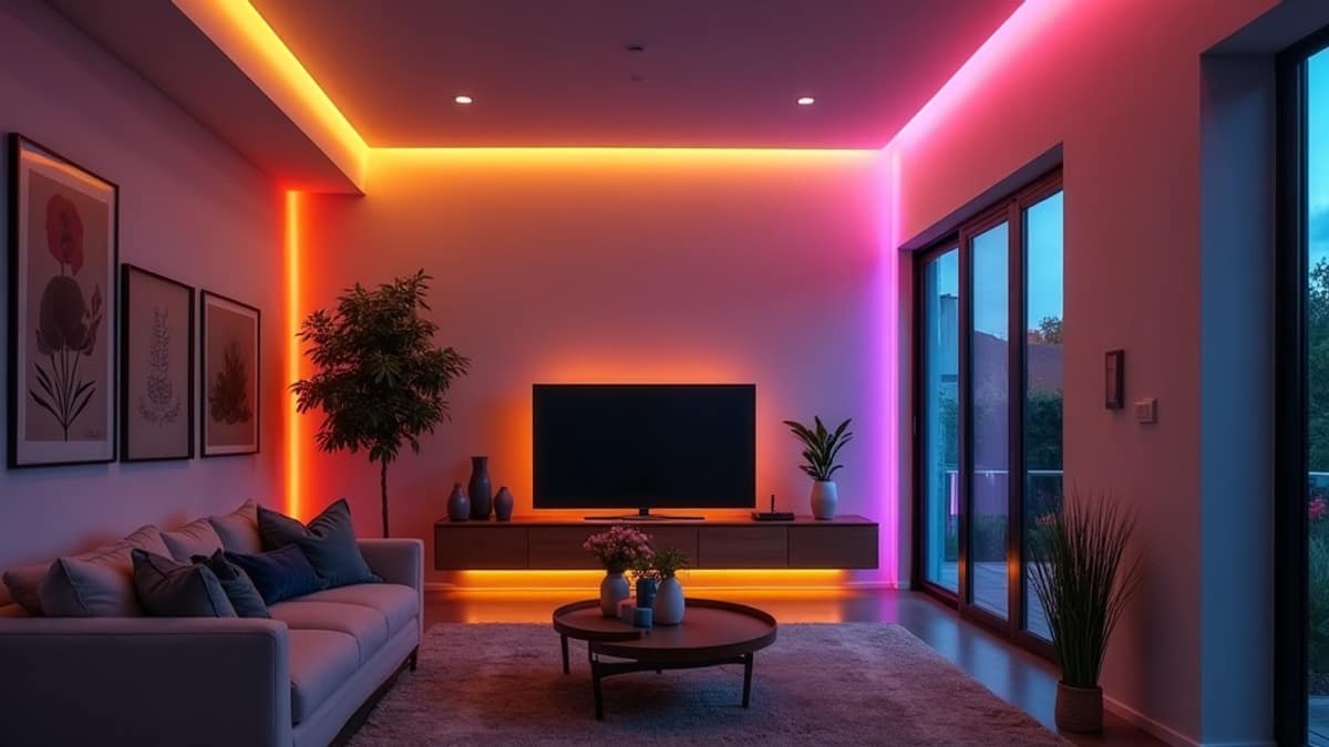 Smart LED light strip glowing behind a television in a modern living room