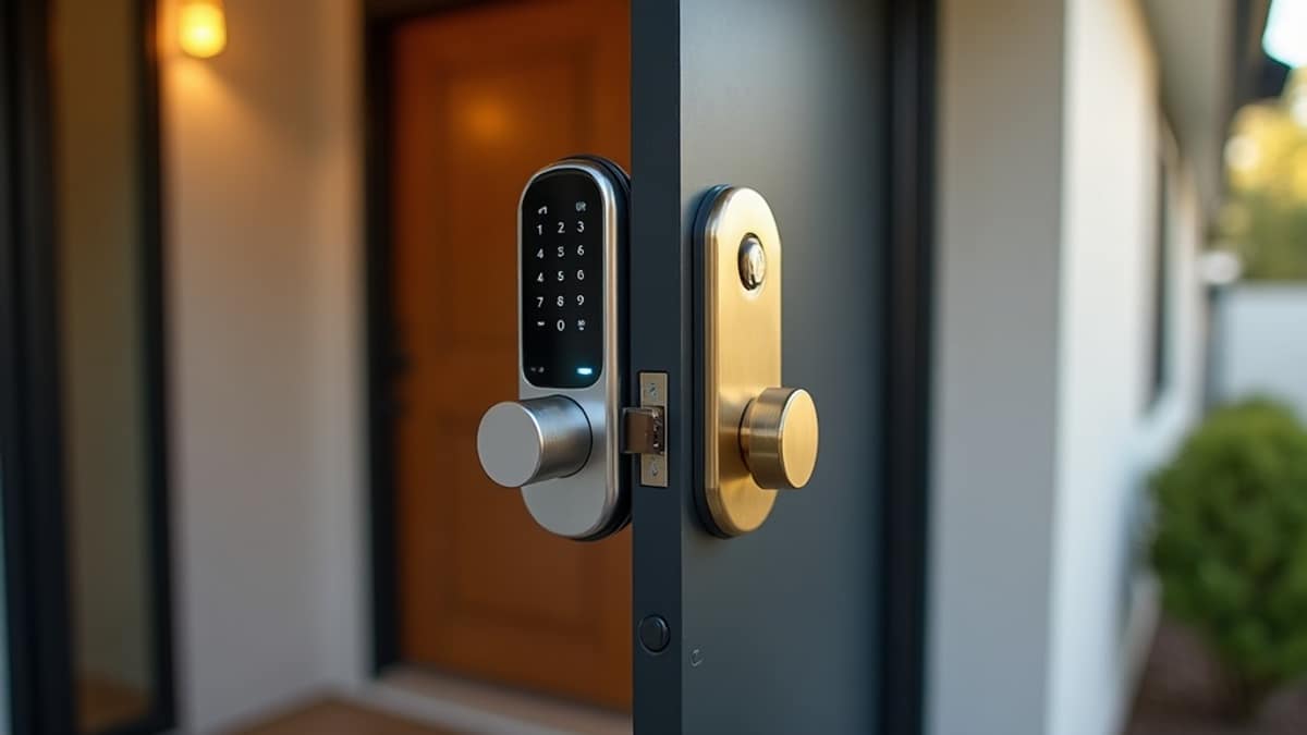 Side-by-side comparison of a smart lock keypad and a traditional deadbolt lock on a front door